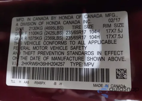 2017 Honda Cr-V Lx из США, поврежденный, VIN 2HKRW6H36HH204257